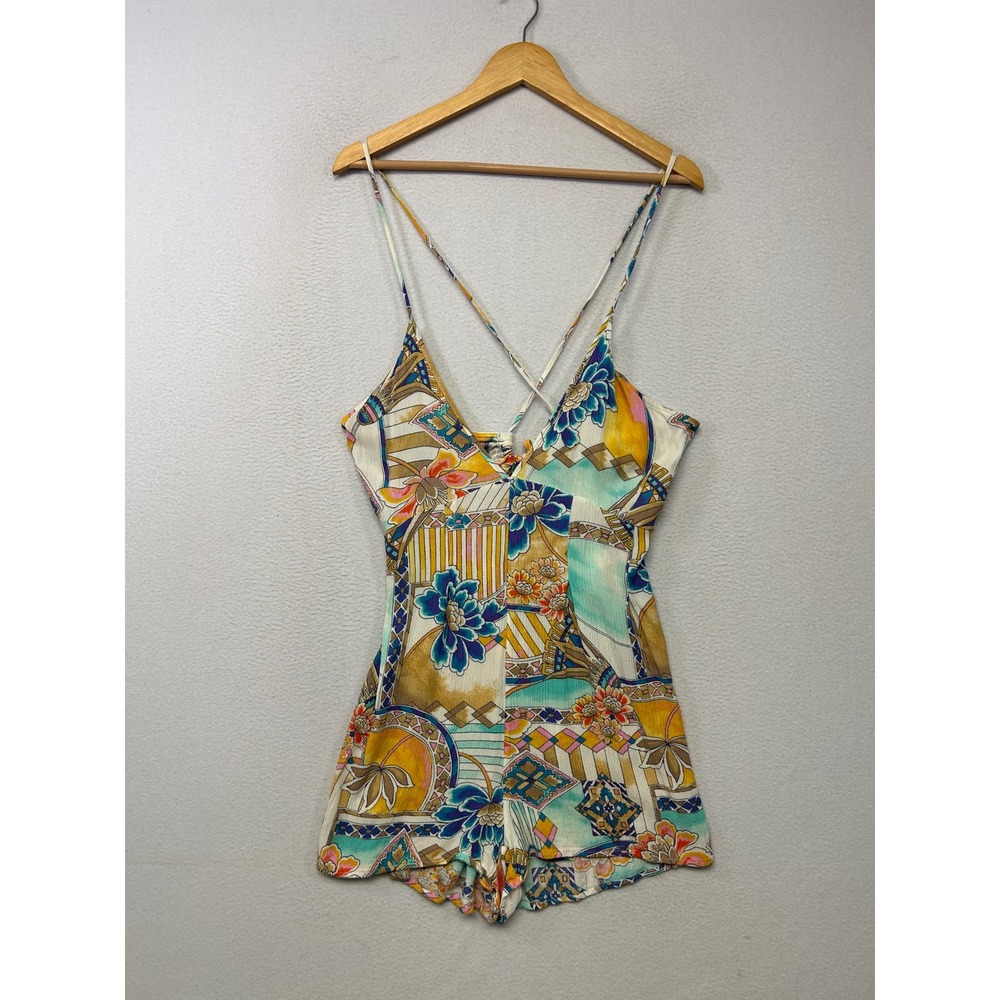 Boho Beach O'Neill Womens Medium Multi Color Floral Patchwork Tie Back Romper